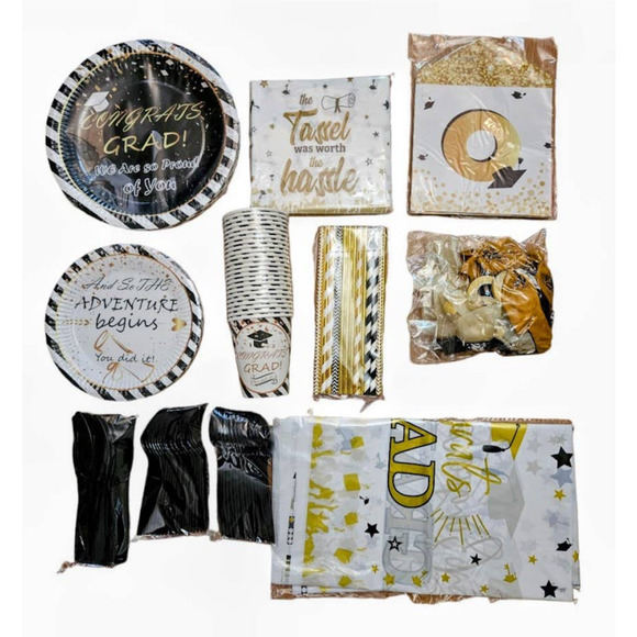 Party Pack 11-Pieces Graduation Party Pack Plates, Cups Silverware Balloons Cups - Picture 1 of 8